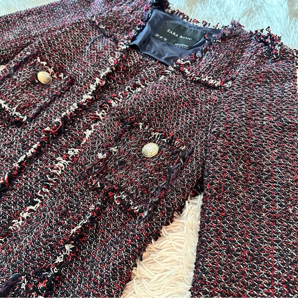 Zara Basic Tweed Longline Coat Jacket XS Black Red Fringe Bouclé - Picture 11 of 16